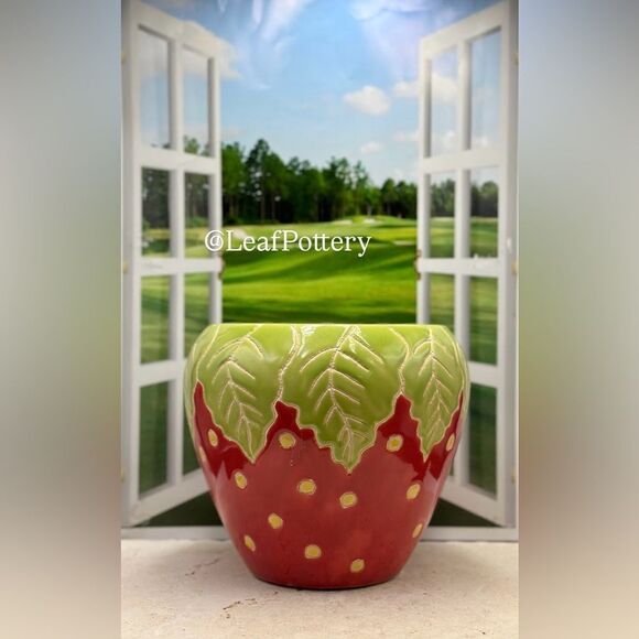 Strawberry (LG) Handcrafted Red/Green/Yellow Ceramic Planter Pot - Picture 1 of 9